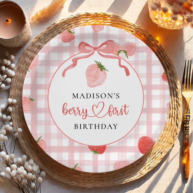 Strawberry Pink Gingham 1st Birthday Paper Plate (Creator Uploaded)