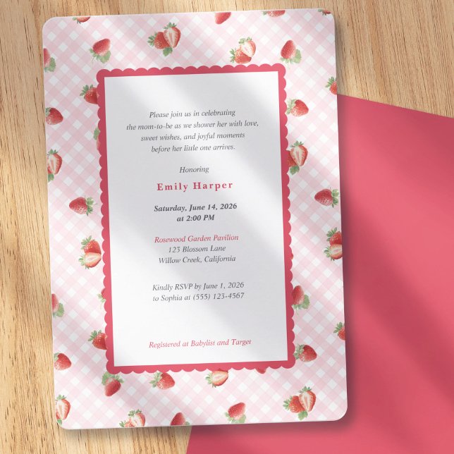 Strawberry Pink Gingham Baby Girl Shower Invitation (Spring Fruits Themed Baby Shower, Strawberry Pink Gingham-Baby Girl Shower Invitations)