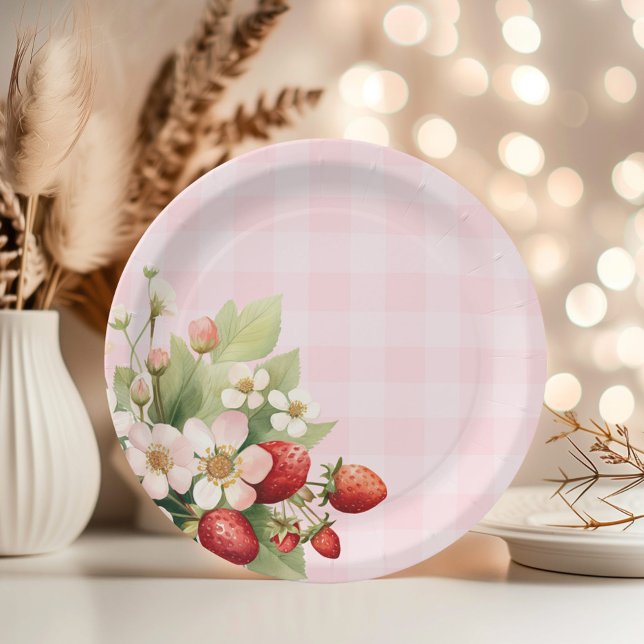 Strawberry pink gingham baby shower paper plate (Creator Uploaded)