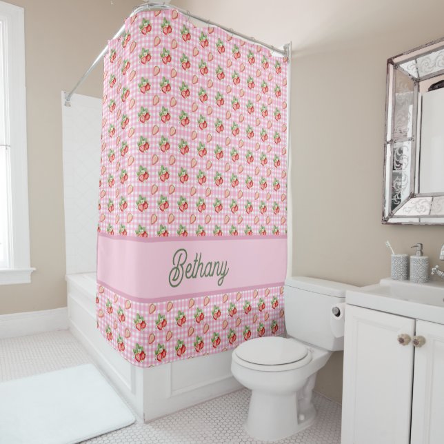 Strawberry Pink Gingham Check Pattern Shower Curtain (In Situ)