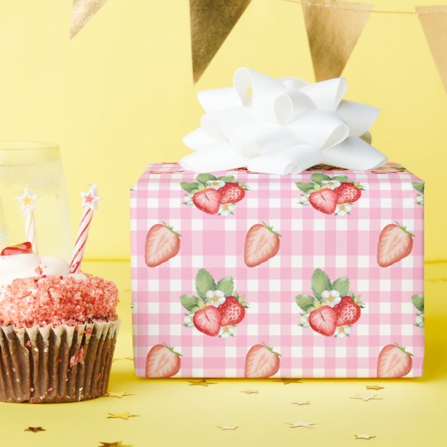 Strawberry Pink Gingham Check Wrapping Paper (Birthday Party)