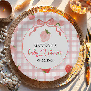 Strawberry Pink Gingham Girl Baby Shower Paper Plate