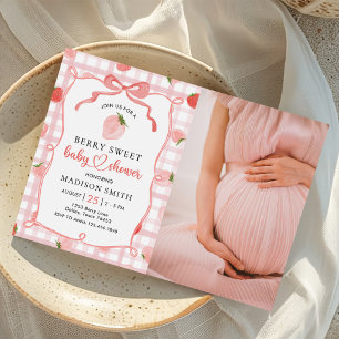 Strawberry Pink Gingham Girl Baby Shower Photo Invitation