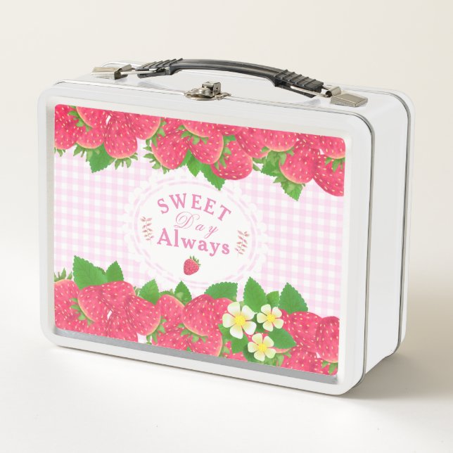 Strawberry Pink Gingham Metal Lunch Box (Front)
