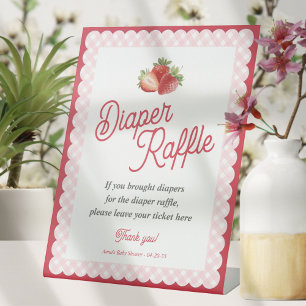 Strawberry Pink Gingham Themed Diaper Raffle Game Pedestal Sign