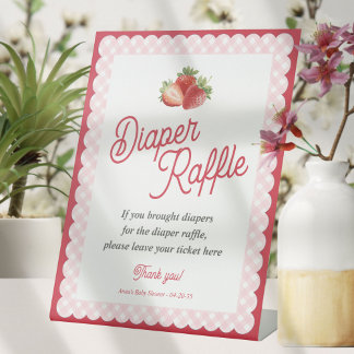 Strawberry Pink Gingham Themed Diaper Raffle Game Pedestal Sign