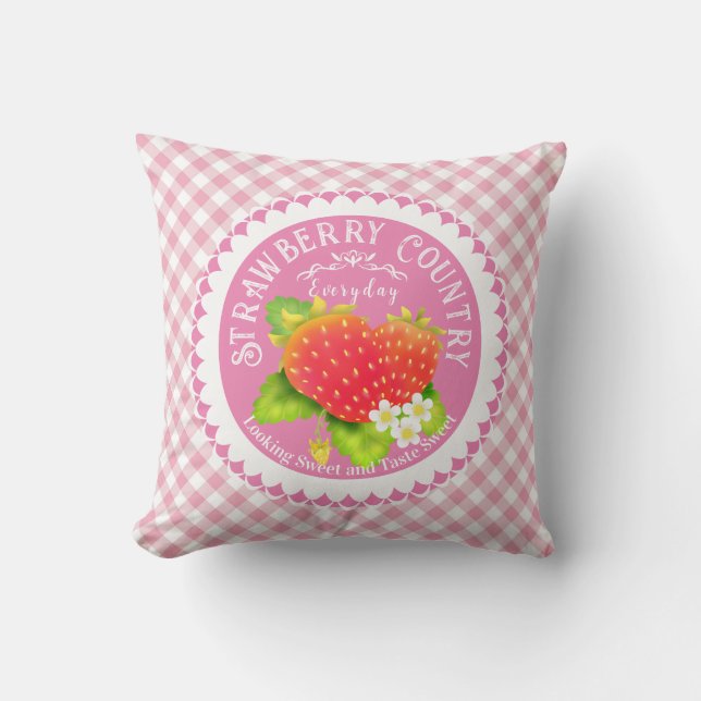 Strawberry Pink Gingham Throw Pillow (Front)