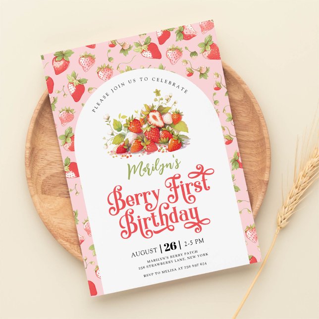 Strawberry Pink Girl Berry First Birthday  Invitation (Creator Uploaded)