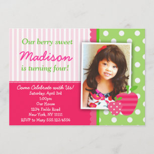 Strawberry Pink Green Birthday Party Invitations