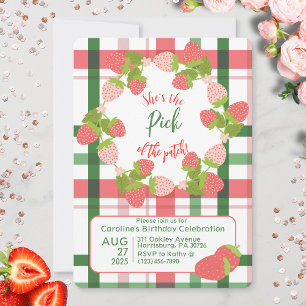 Strawberry Pink Green Plaid Birthday Invitation