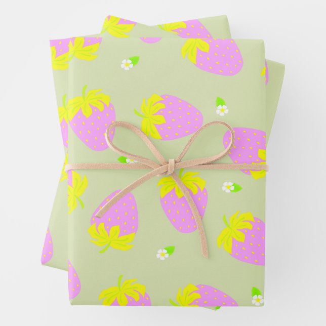 Strawberry Pink Green Wrapping Paper Sheet (In situ)
