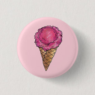 Strawberry Pink Ice Cream Scoop Waffle Cone Foodie 3 Cm Round Badge