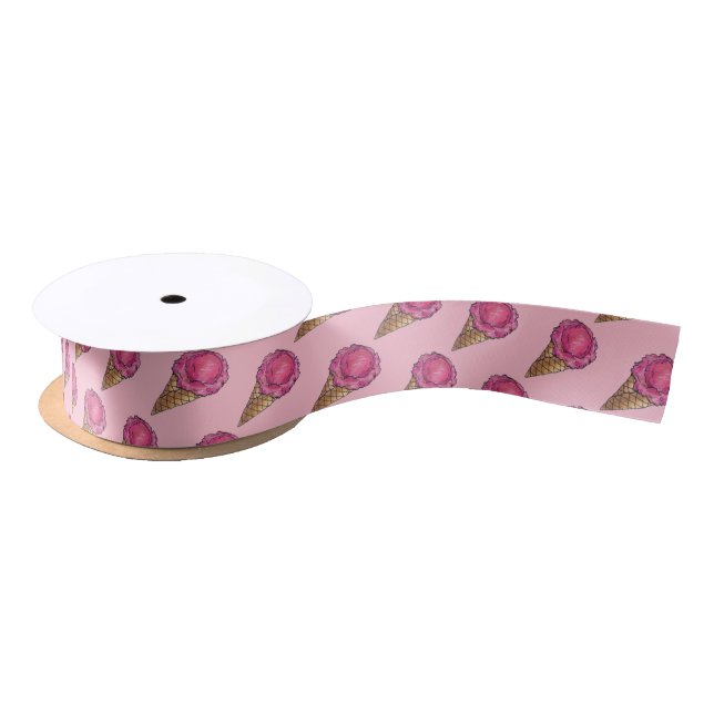 Strawberry Pink Ice Cream Scoop Waffle Cone Foodie Satin Ribbon (Spool)