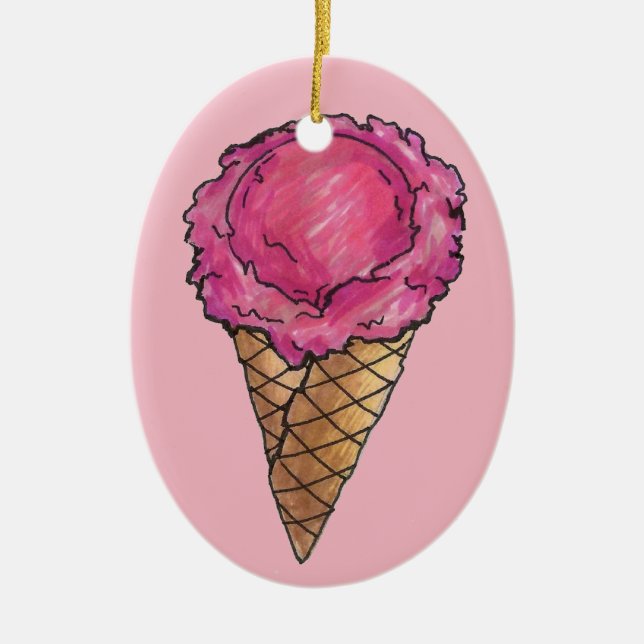 Strawberry Pink Ice Cream Waffle Cone Scoop Ceramic Ornament (Front)
