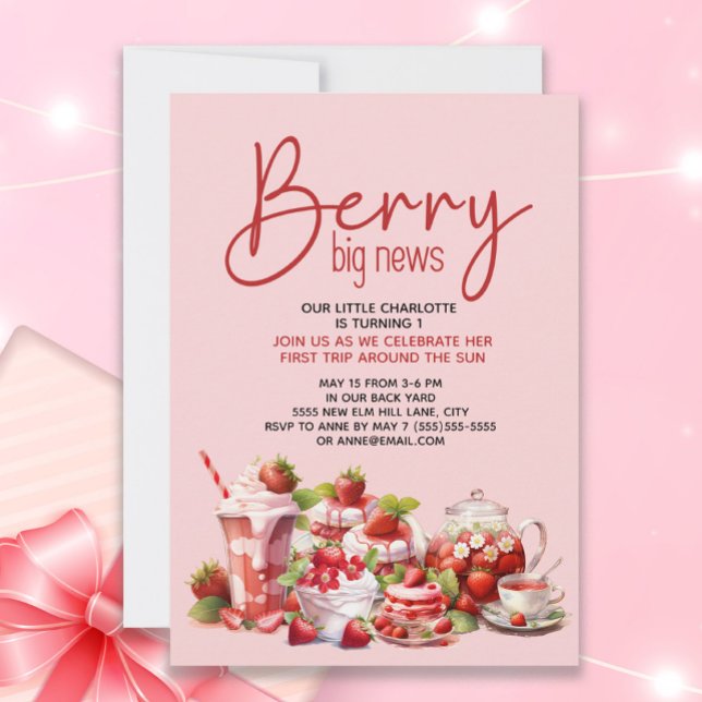 Strawberry Pink Red Berry 1st Birthday Invitation ("Berry Big News" Strawberry 1st birthday party invitation for little girls)