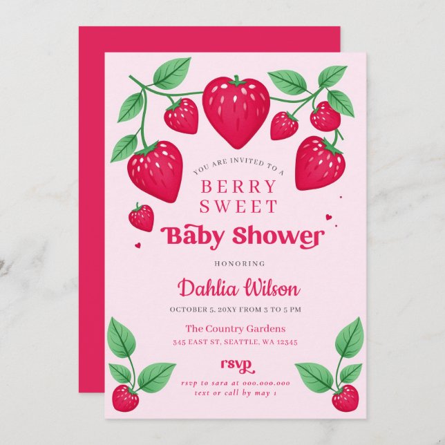 Strawberry Pink Red Berry Sweet Baby Shower Invitation (Front/Back)
