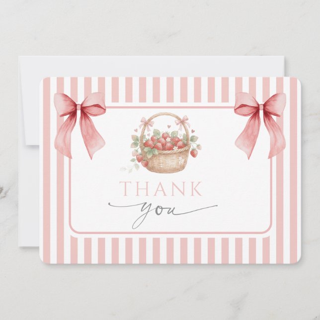 Strawberry Pink Stripe Bow Girl Baby shower Thank You Card (Front)