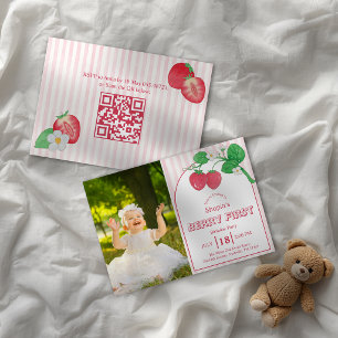 Strawberry Pink Stripe Photo Berry 1st Birthday Invitation