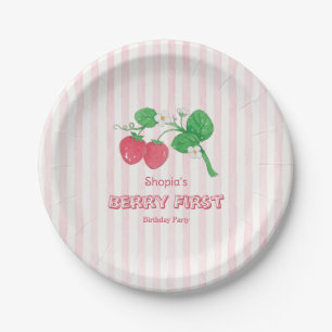 Strawberry Pink Stripes Girl Berry First Birthday Paper Plate
