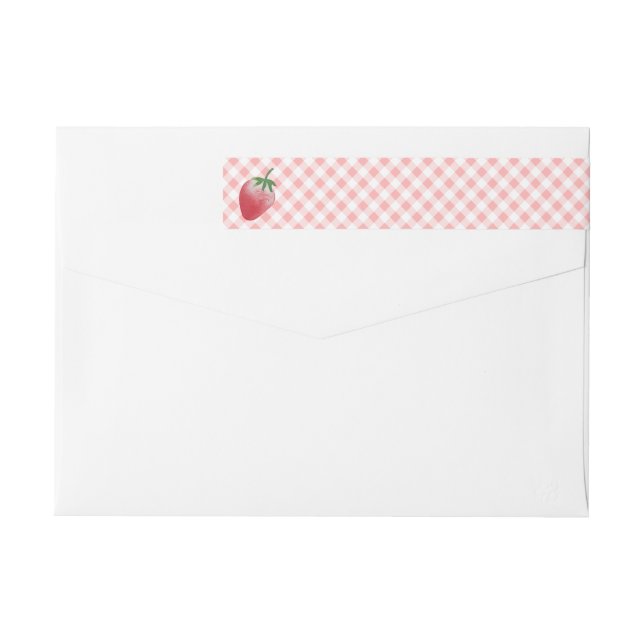 Strawberry Pink Summer Plaid Picnic Birthday Party Wrap Around Label (Back)
