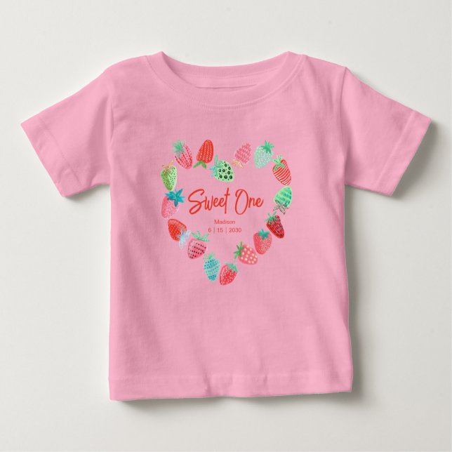 Strawberry Pink Sweet One Birthday Baby T-Shirt (Front)
