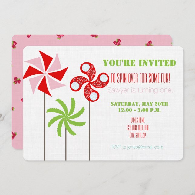 Strawberry Pinwheel Themed Birthday - Pink Back  Invitation (Front/Back)