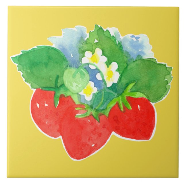 Strawberry Plant White Flowers Yellow Ceramic Tile (Front)