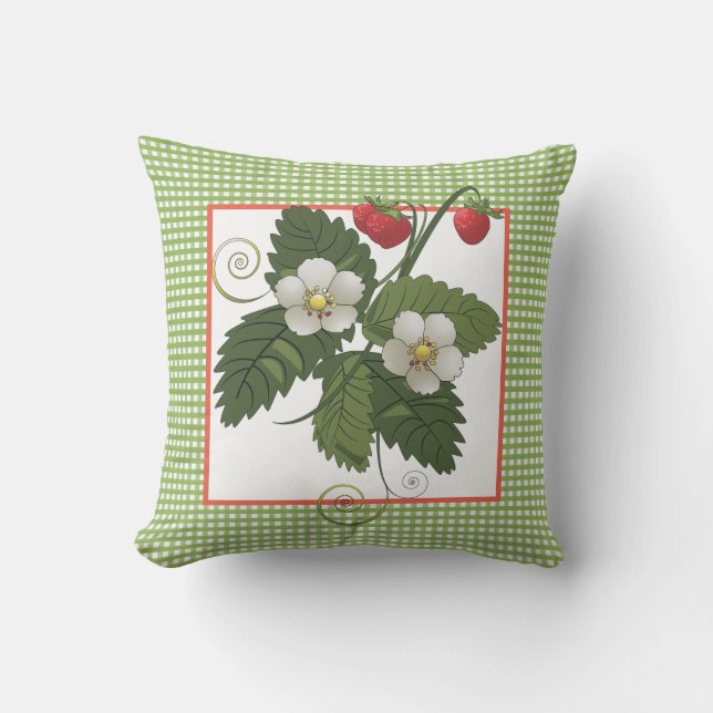 Strawberry Plant with Green Gingham Border Cushion (Front)