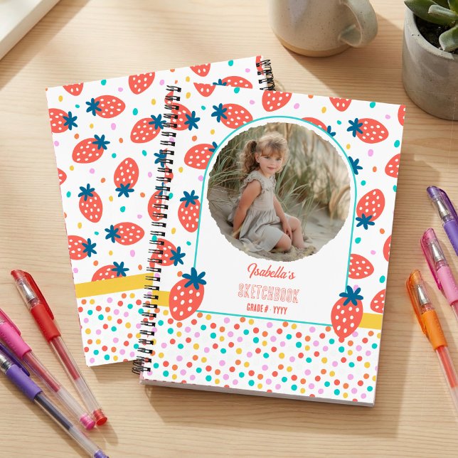 Strawberry & Polka Dot Custom Photo Sketchbook Notebook (Strawberry and Polka Dot bright colorful sketchbook personalized with name and photo)