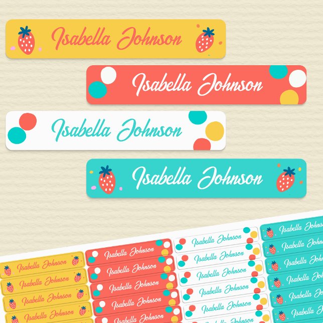 Strawberry & Polka Dot Kids Name Waterproof (Strawberry and Polka Dot bright colorful waterproof kids name labels)