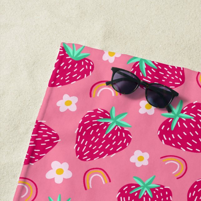 Strawberry Rainbow Daisy pattern Beach Towel (In Situ)