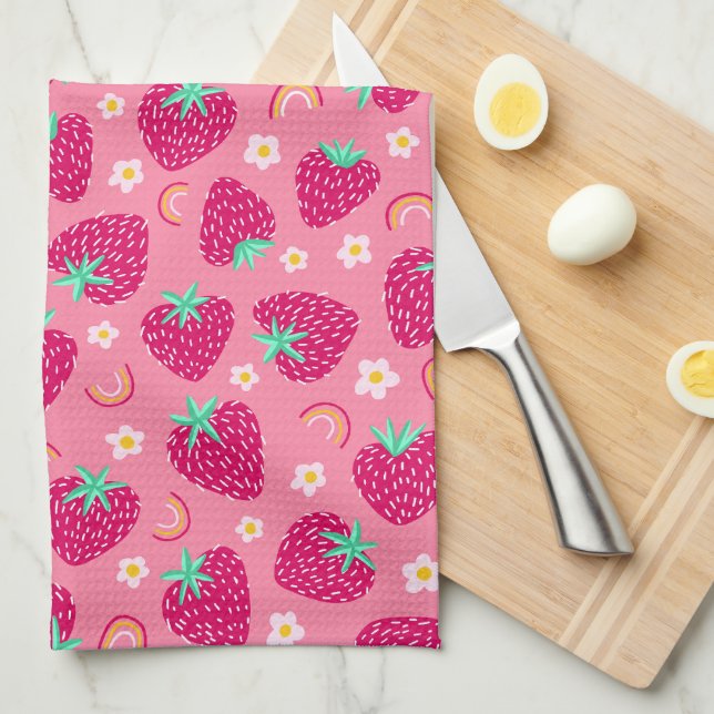 Strawberry Rainbow Daisy pattern Tea Towel (Quarter Fold)