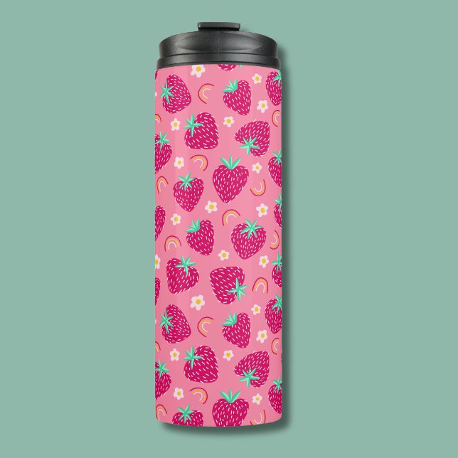 Strawberry Rainbow Daisy pattern Thermal Tumbler (Pink strawberry daisy thermal tumbler)
