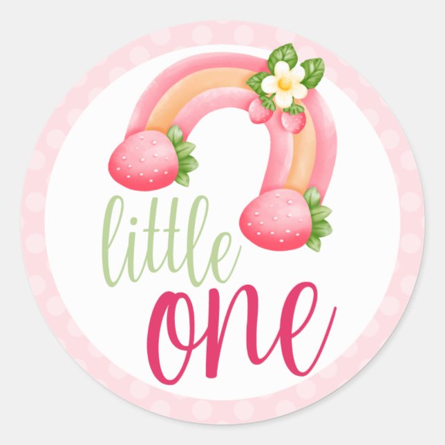 Strawberry Rainbow Gnome Baby Girl's 1st Birthday Classic Round Sticker (Front)