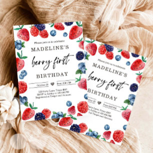 Strawberry Raspberry Berry First 1st Birthday Invitation