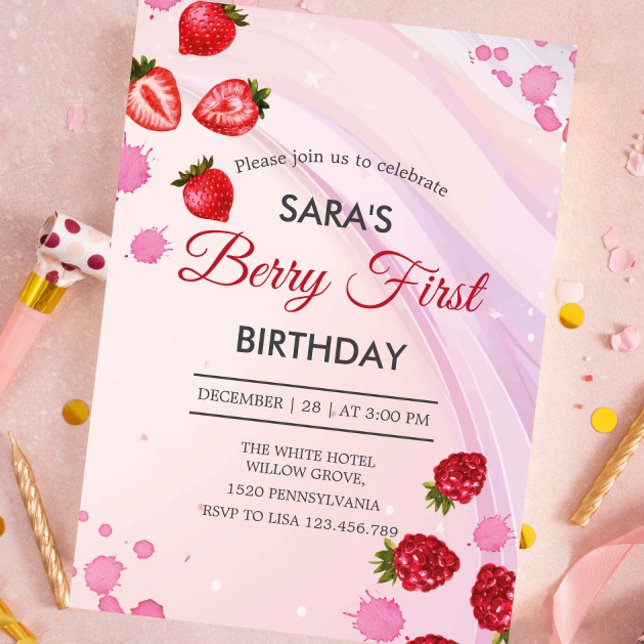 Strawberry & Raspberry Party 1st Birthday BabyGirl Invitation (Creator Uploaded)