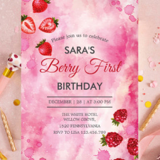 Strawberry & Raspberry Pink 1st Birthday BabyGirl Invitation