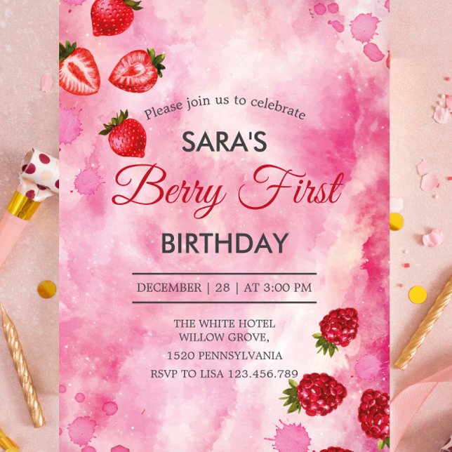 Strawberry & Raspberry Pink 1st Birthday BabyGirl Invitation (Creator Uploaded)