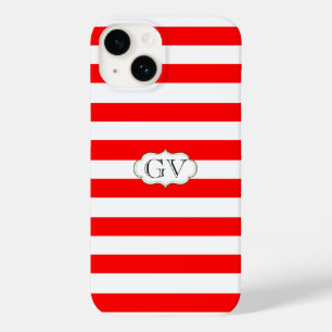 Strawberry Red and White Striped Initials Monogram Case-Mate iPhone 14 Case