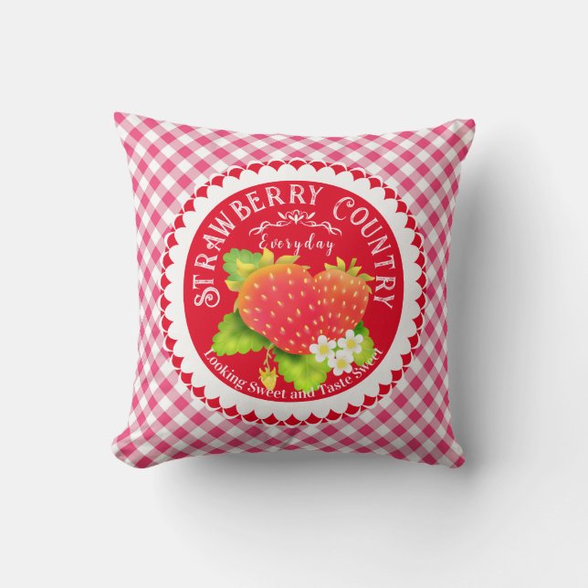 Strawberry Red Gingham Throw Pillow (Front)