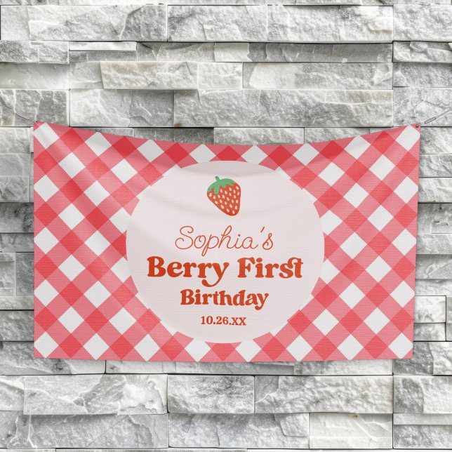 Strawberry Red Pink Berry First 1st Birthday Party Banner (Creator Uploaded)
