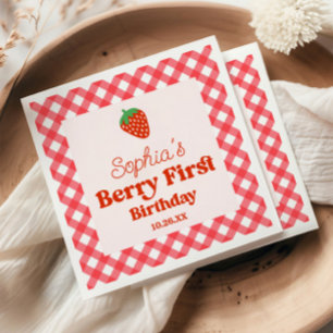 Strawberry Red Pink Berry First 1st Birthday Party Napkin