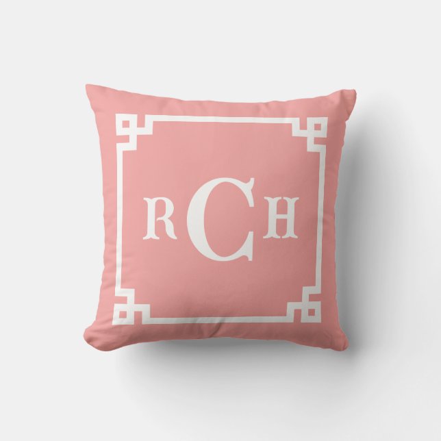 Strawberry Reverse Chinoiserie Greek Key Monogram Cushion (Front)