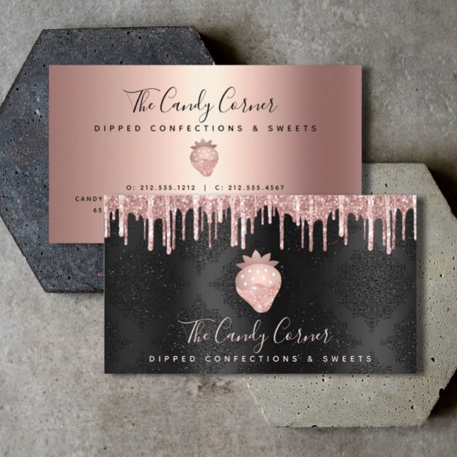 Strawberry Rose Gold Drips Confection Sweets Black Business Card (Creator Uploaded)