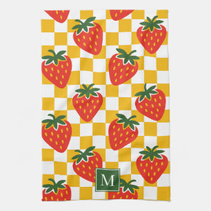 Strawberry Rustic Farmhouse Checkered Monogram Tea Towel