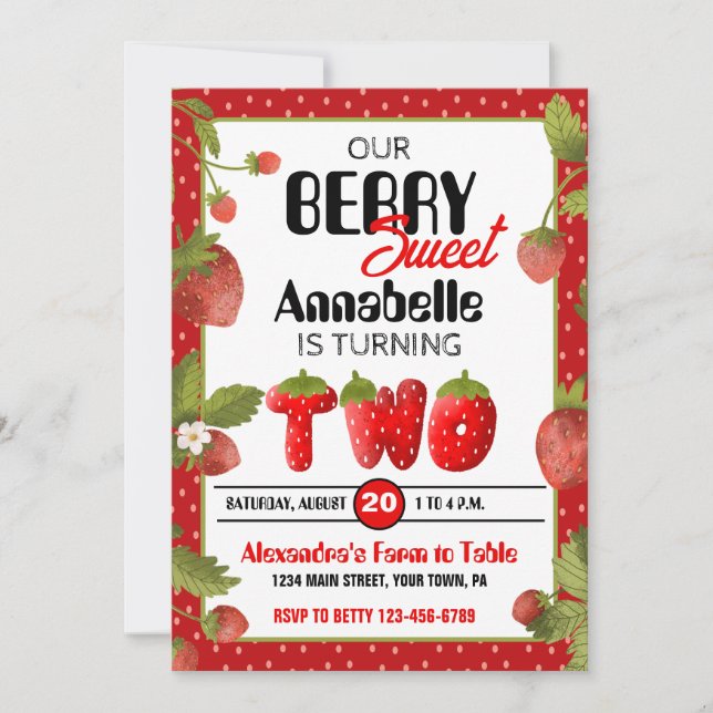 Strawberry Second Birthday Party Invitation (Front)