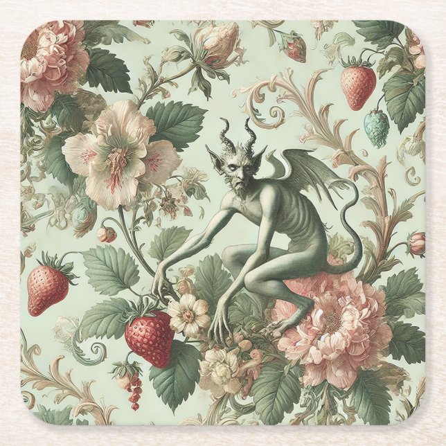 Strawberry Sins – Gothic Baroque Square Paper Coaster (Front)