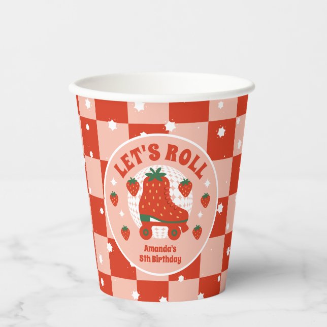 Strawberry Skates | Retro Roller Skating Birthday Paper Cups (Front)