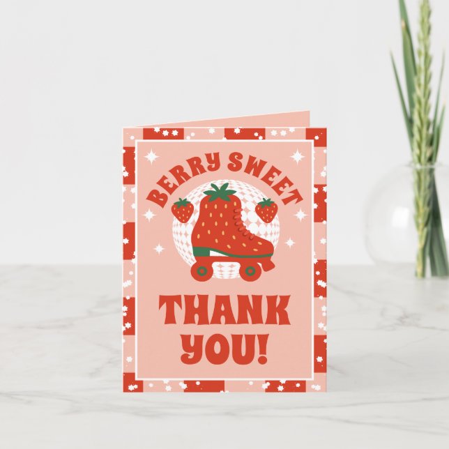 Strawberry Skates | Retro Roller Skating Birthday Thank You Card (Front)