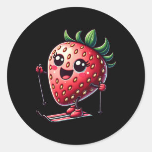 Strawberry Skiing Cute Alpine Snow Cartoon Fun Classic Round Sticker
